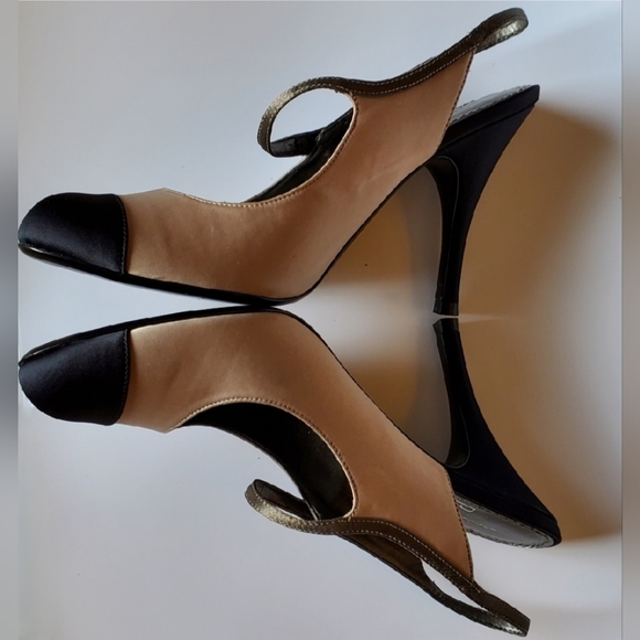 7.5M Linea Paolo Cap Toe Black Beige Olive Green Sling Back Satin Heels Unused - Picture 8 of 10
